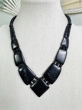 Vintage Modernist Statement Bib Necklace - Black Geometric Block Panels V-Shape